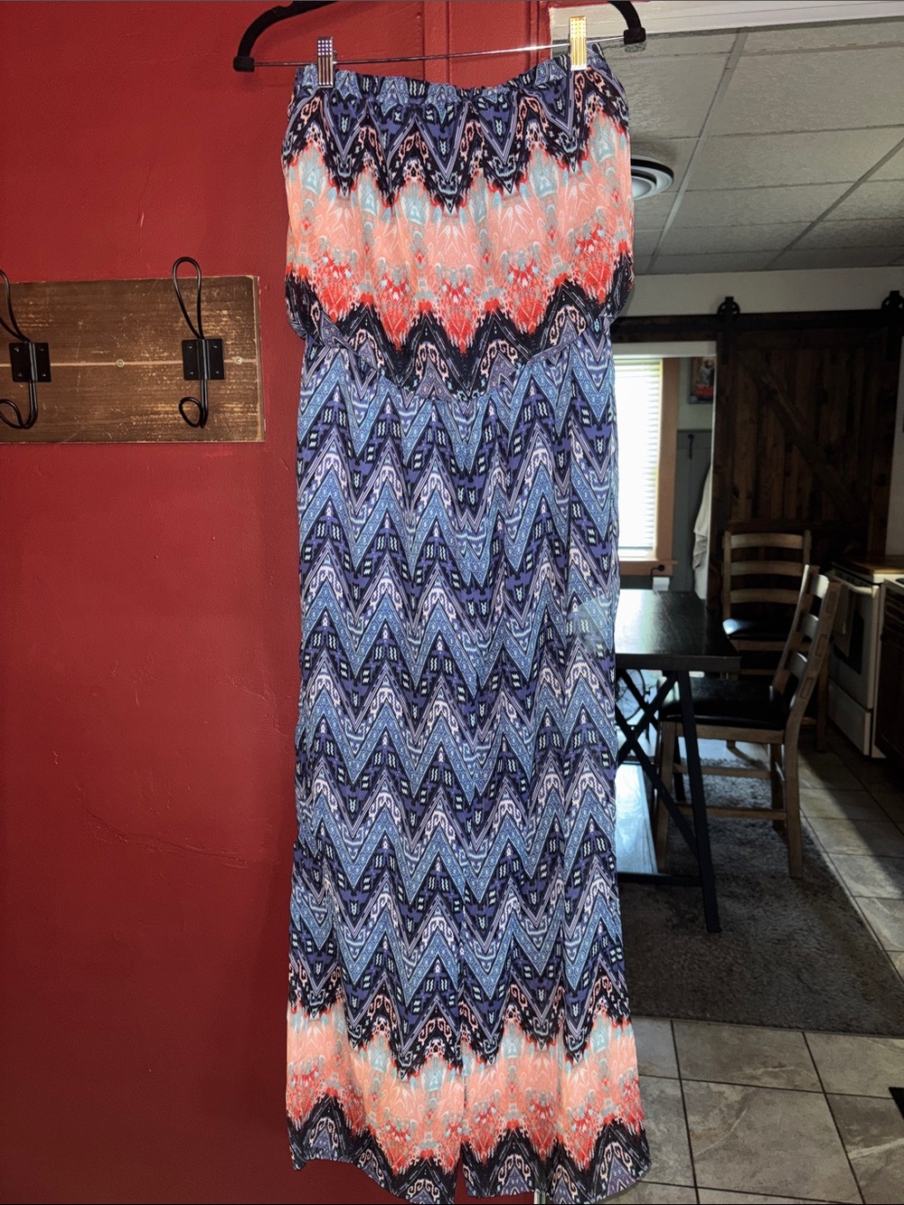 Strapless Chevron Maxi Jumpsuit in Blue & Coral